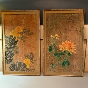 Vintage Chinese Silk Batik Art Set Of 2 Bamboo Frame Floral Early 20th Century